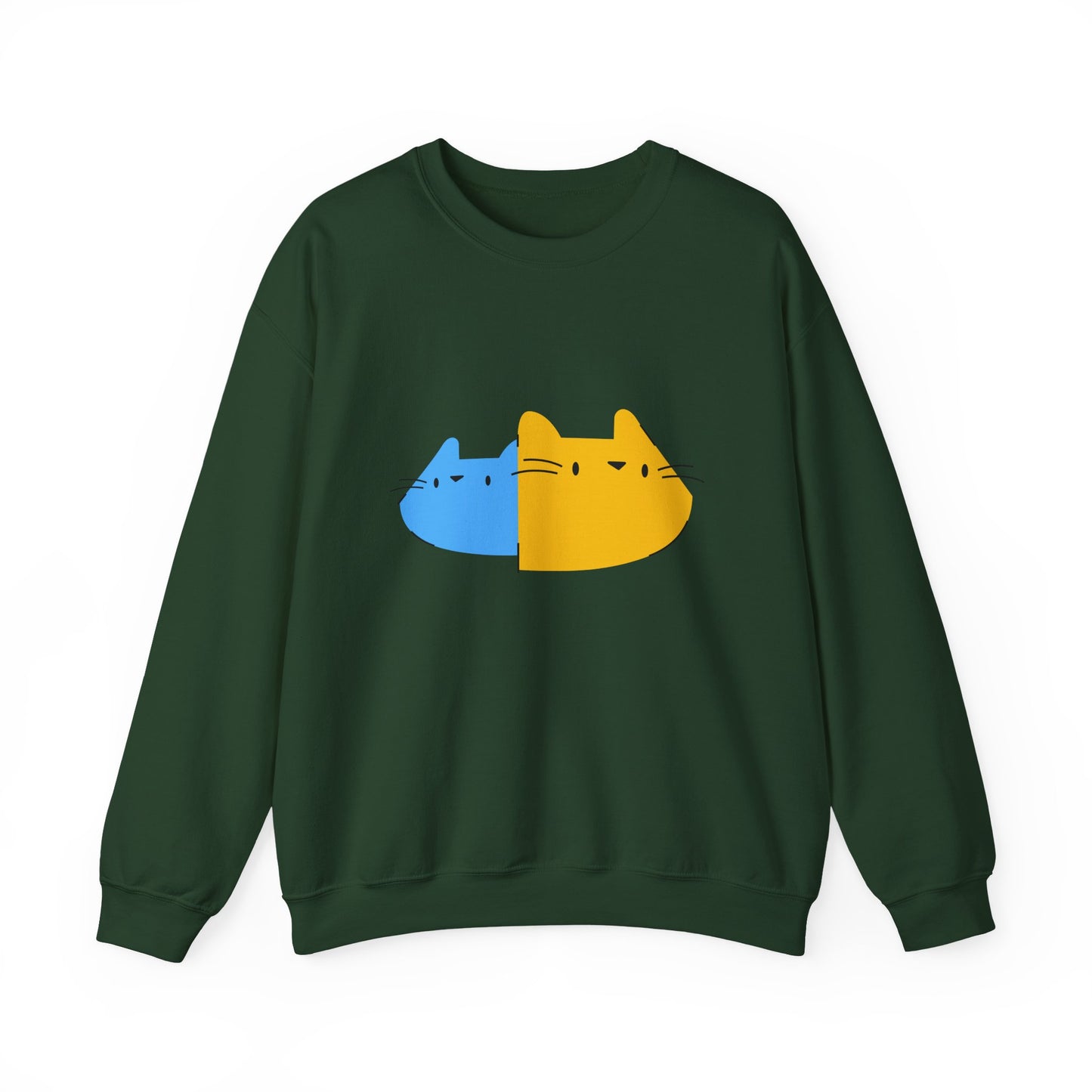 Cat Split Face Crewneck Sweatshirt – Cute Blue & Yellow Cat Graphic Printify