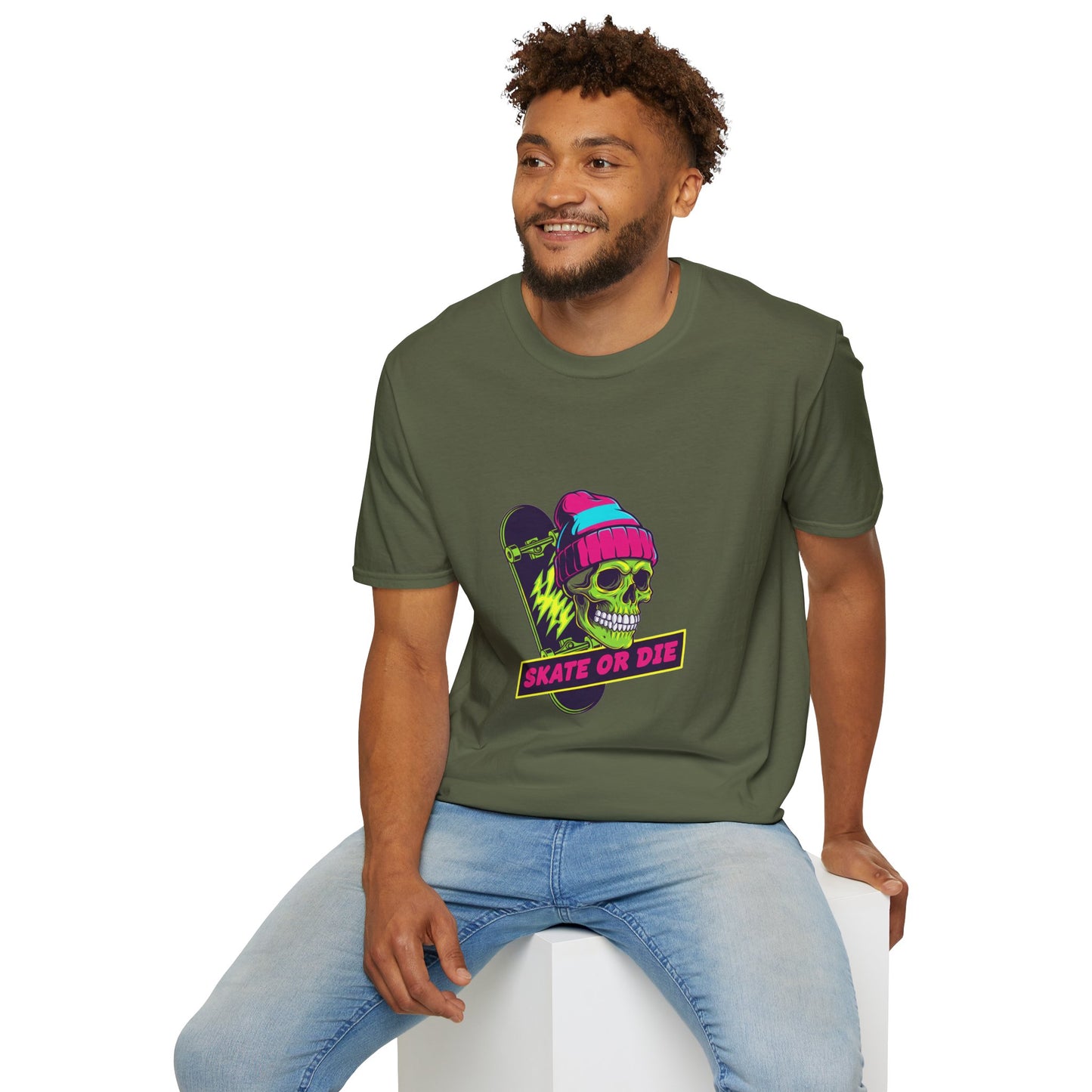 Skate or Die Skull T-Shirt — Neon Skateboard Graphic Tee Printify