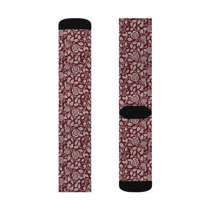 Vintage Floral Sublimation Socks — Burgundy Paisley Patterned Crew Socks Printify