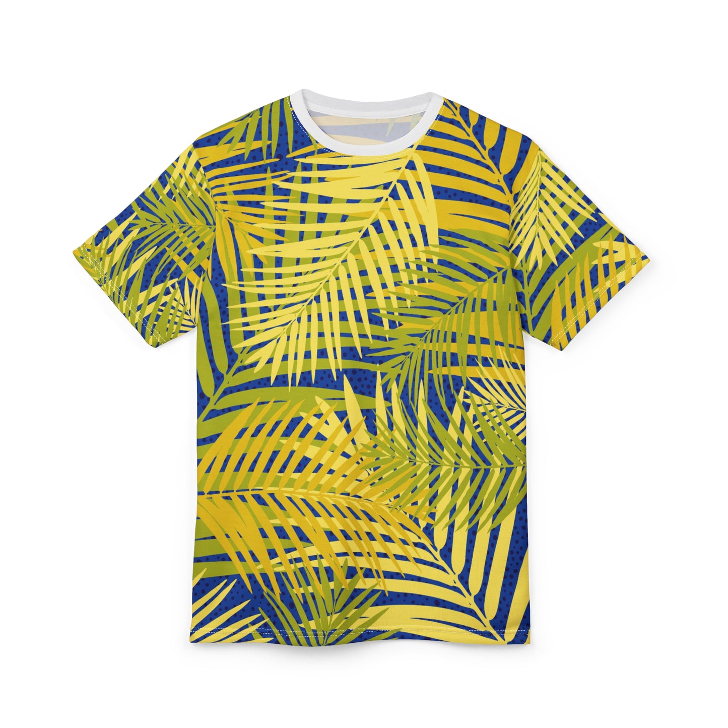 Tropical Palm Leaf All-Over Print Tee — Yellow & Blue Summer T-Shirt Printify