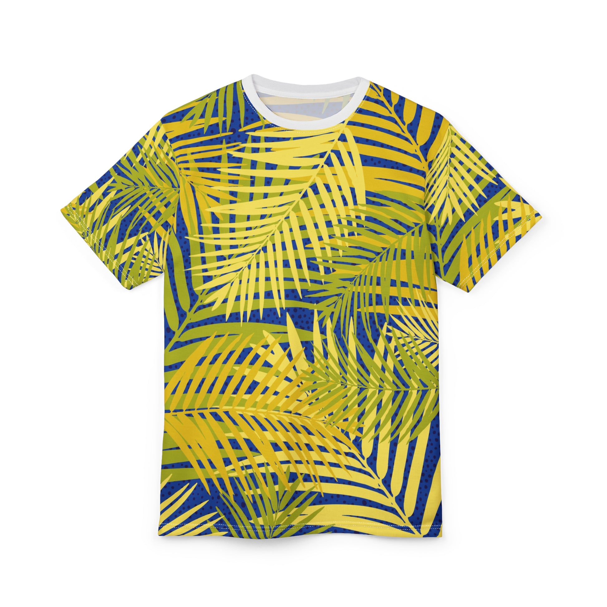 Tropical Palm Leaf All-Over Print Tee — Yellow & Blue Summer T-Shirt Printify