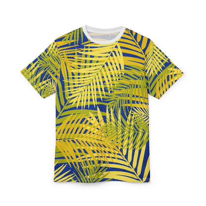 Tropical Palm Leaf All-Over Print Tee — Yellow & Blue Summer T-Shirt Printify