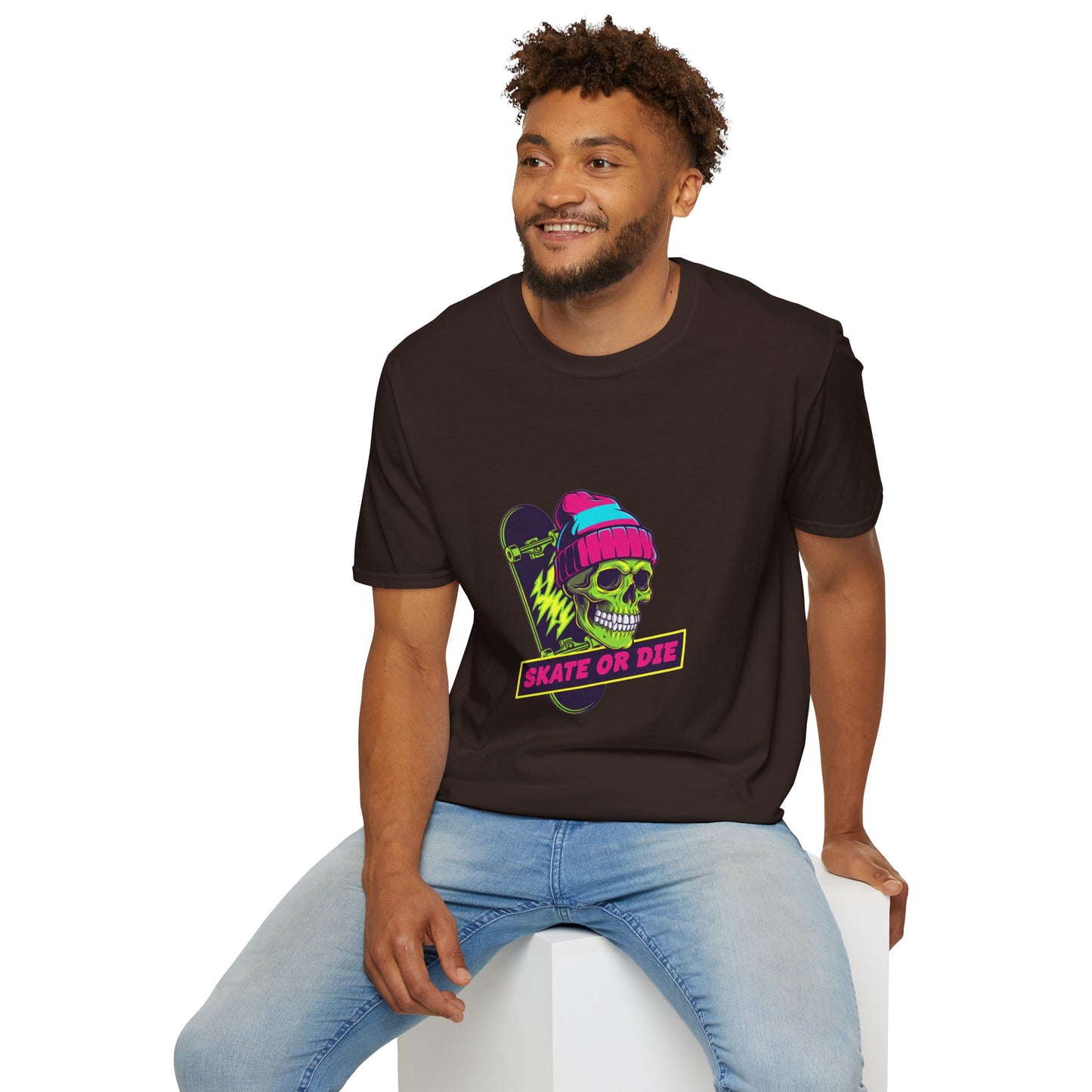 Skate or Die Skull T-Shirt — Neon Skateboard Graphic Tee Printify