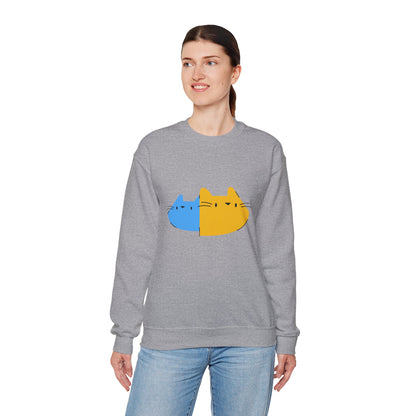 Cat Split Face Crewneck Sweatshirt – Cute Blue & Yellow Cat Graphic Printify