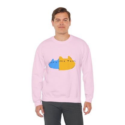 Cat Split Face Crewneck Sweatshirt – Cute Blue & Yellow Cat Graphic Printify