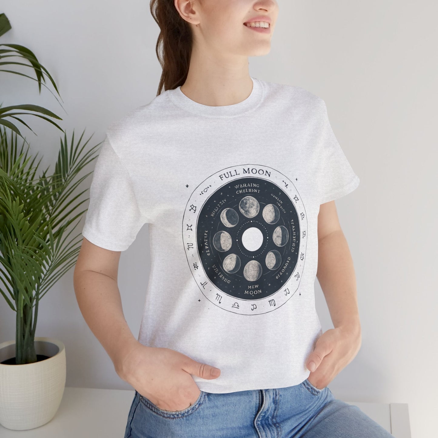 Moon Phases T-Shirt — Illustrated Lunar Cycle Tee (Full Moon, New Moon & Zodiac Icons) Printify