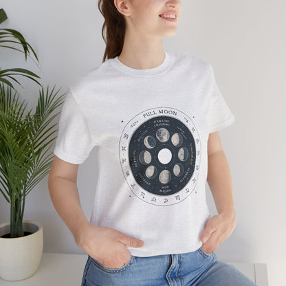 Moon Phases T-Shirt — Illustrated Lunar Cycle Tee (Full Moon, New Moon & Zodiac Icons) Printify