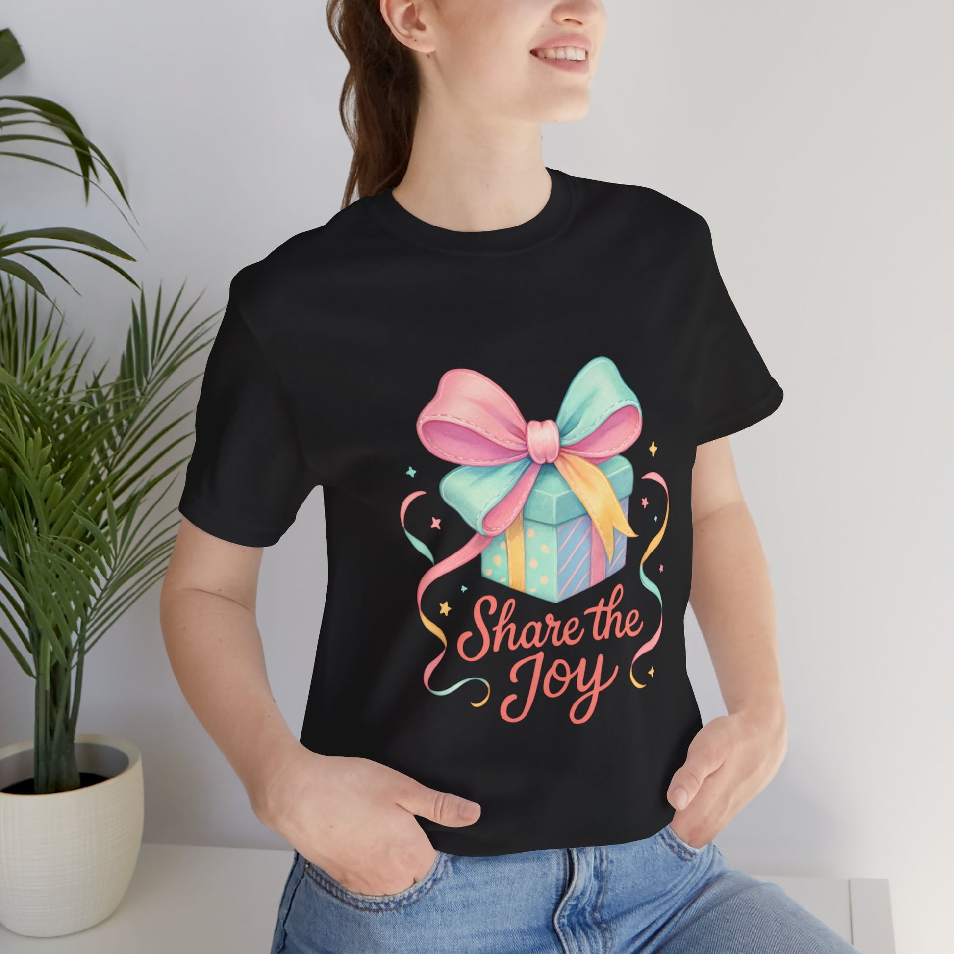 Share the Joy Gift Tee — Pastel Present Graphic T-Shirt Printify