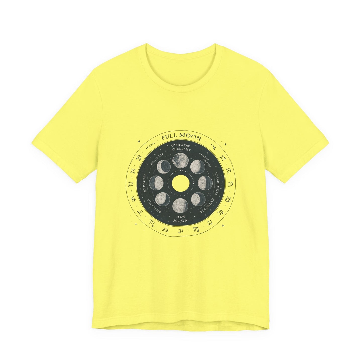 Moon Phases T-Shirt — Illustrated Lunar Cycle Tee (Full Moon, New Moon & Zodiac Icons) Printify