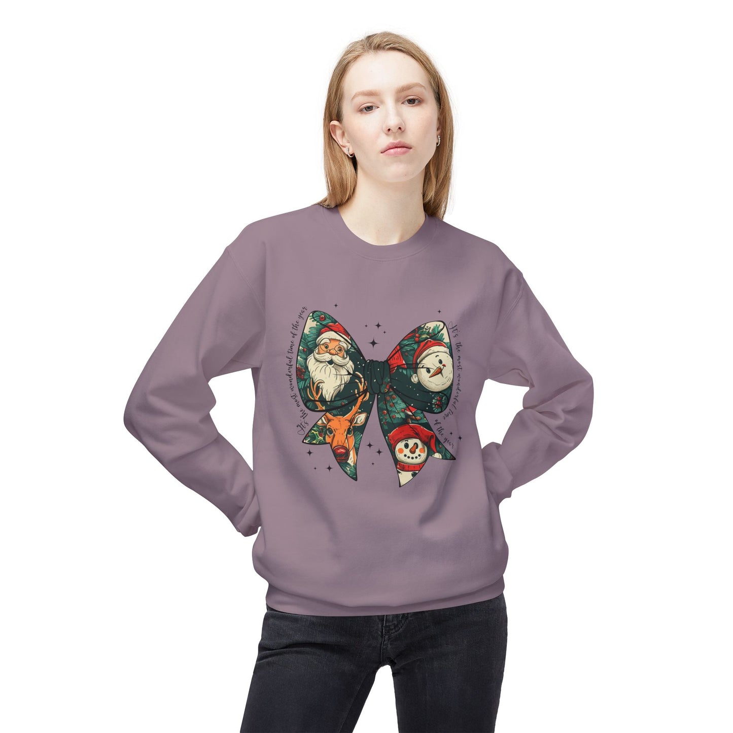 Christmas Bow Sweatshirt — Vintage Santa & Snowman Holiday Crewneck Printify