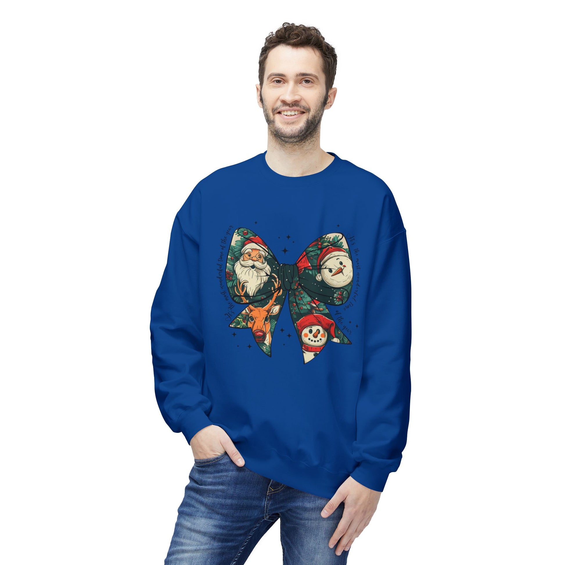 Christmas Bow Sweatshirt — Vintage Santa & Snowman Holiday Crewneck Printify