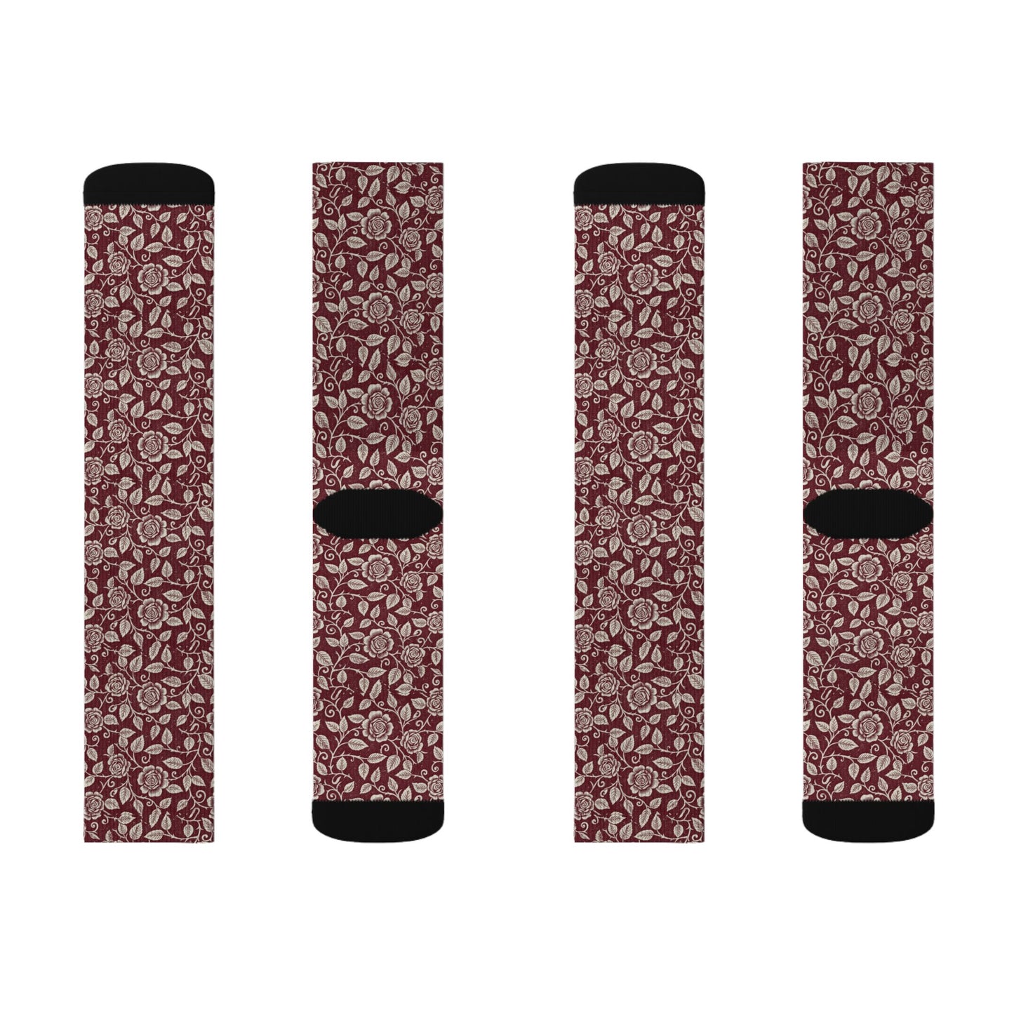 Vintage Floral Sublimation Socks — Burgundy Paisley Patterned Crew Socks Printify