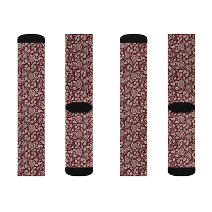 Vintage Floral Sublimation Socks — Burgundy Paisley Patterned Crew Socks Printify