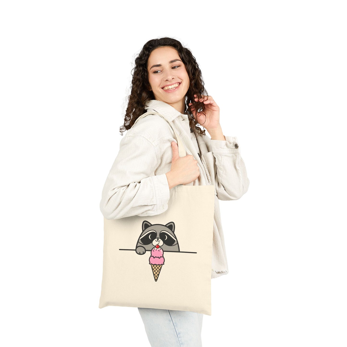 Canvas Tote Bag — Cute Raccoon Peeking at Ice Cream Graphic Printify