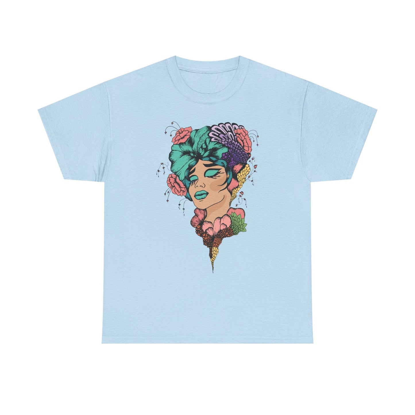 Surreal Floral Portrait T-Shirt — Colorful Woman Head Art Tee Printify