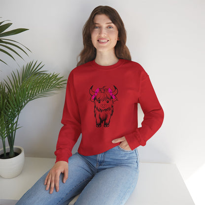 Highland Cow Crewneck Sweatshirt — Cute Yak Illustration with Pink Horns Printify