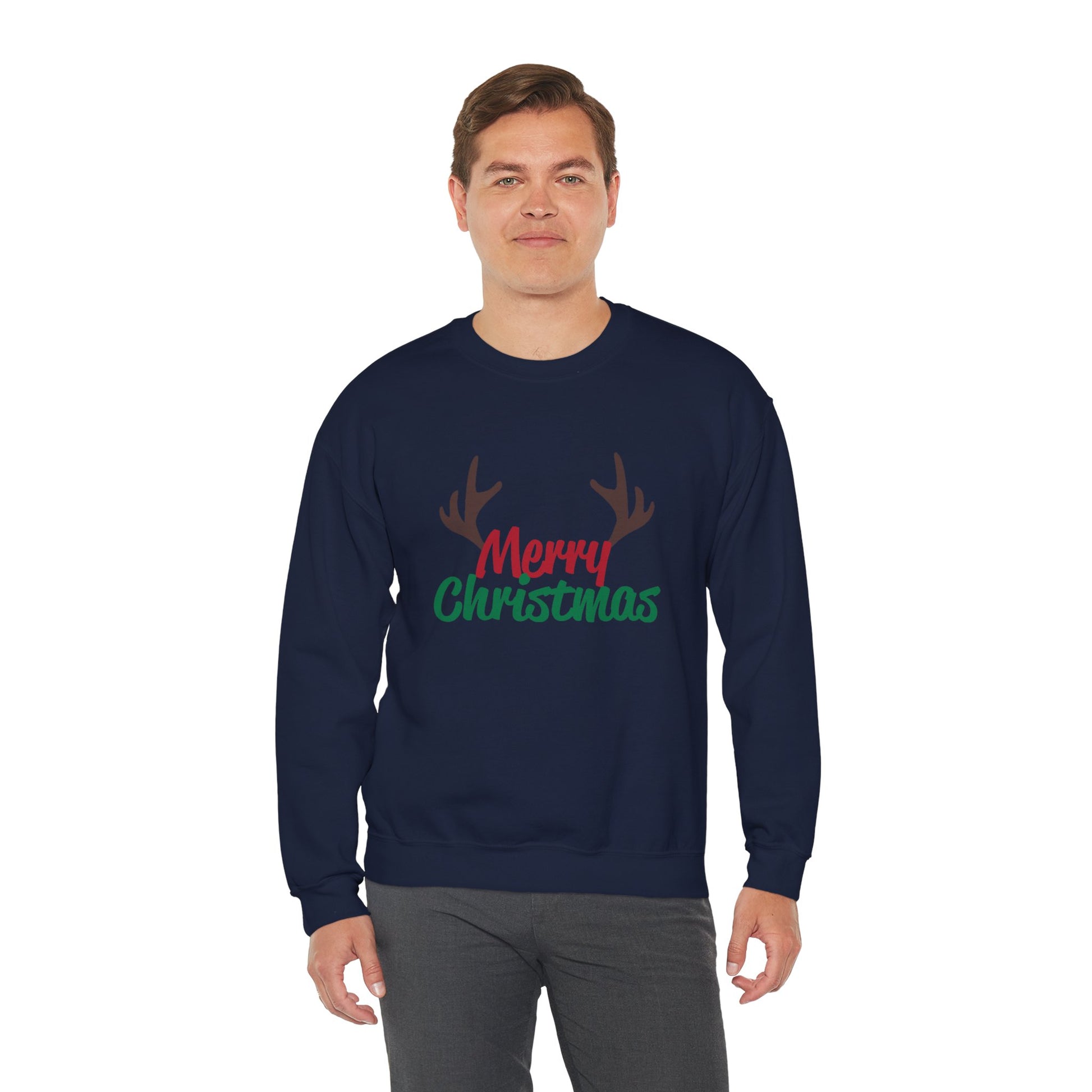 Merry Christmas Reindeer Antlers Crewneck Sweatshirt Printify