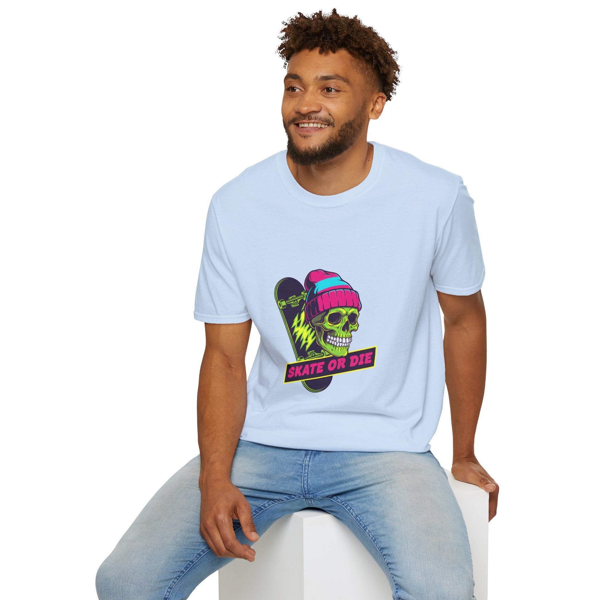 Skate or Die Skull T-Shirt — Neon Skateboard Graphic Tee Printify