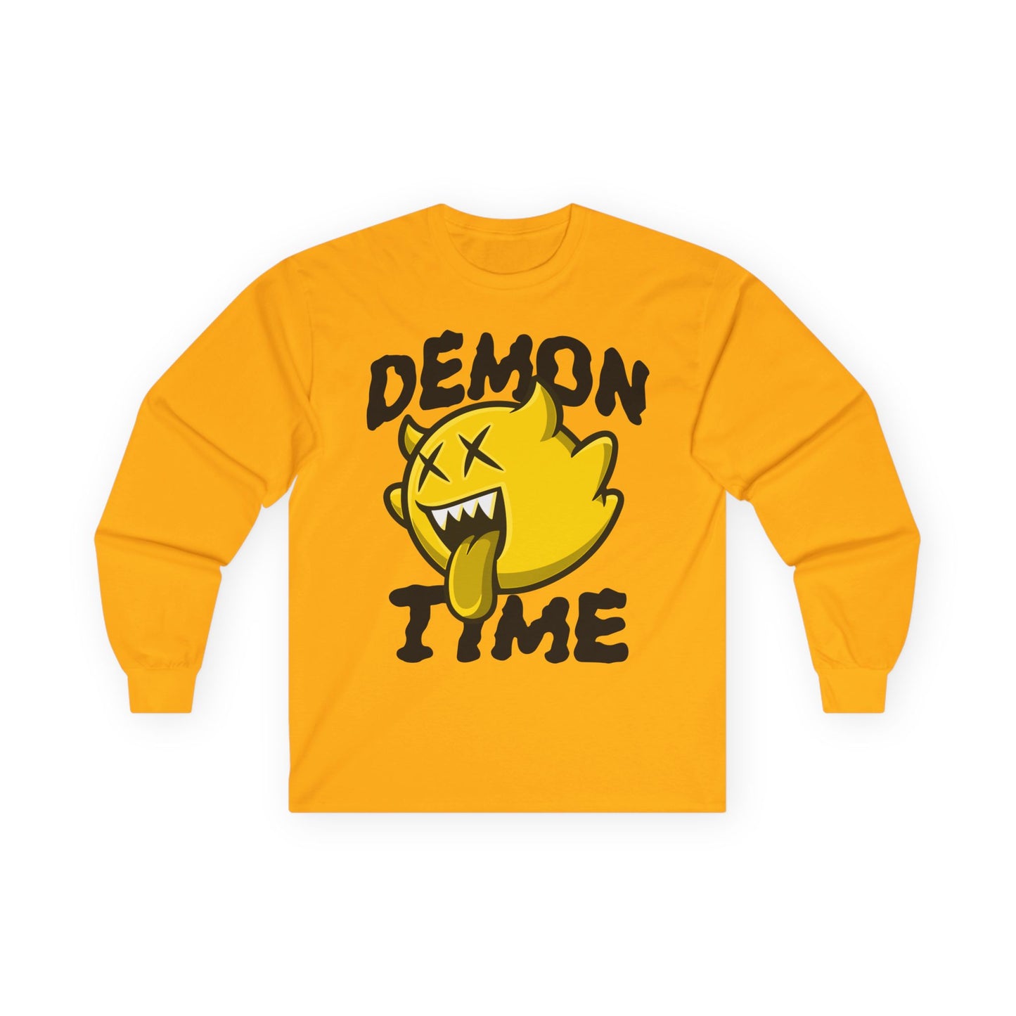 Long Sleeve Tee — "Demon Time" Yellow Cartoon Demon Graphic T-shirt Printify