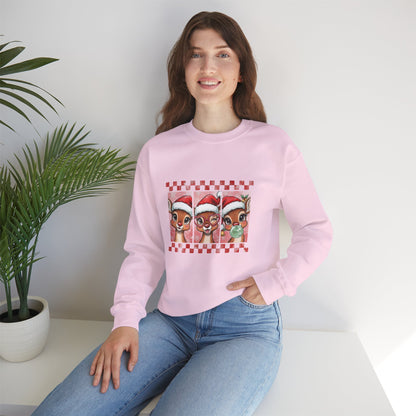 Christmas Reindeer Trio Crewneck Sweatshirt – Cute Santa Hat Holiday Sweater Printify