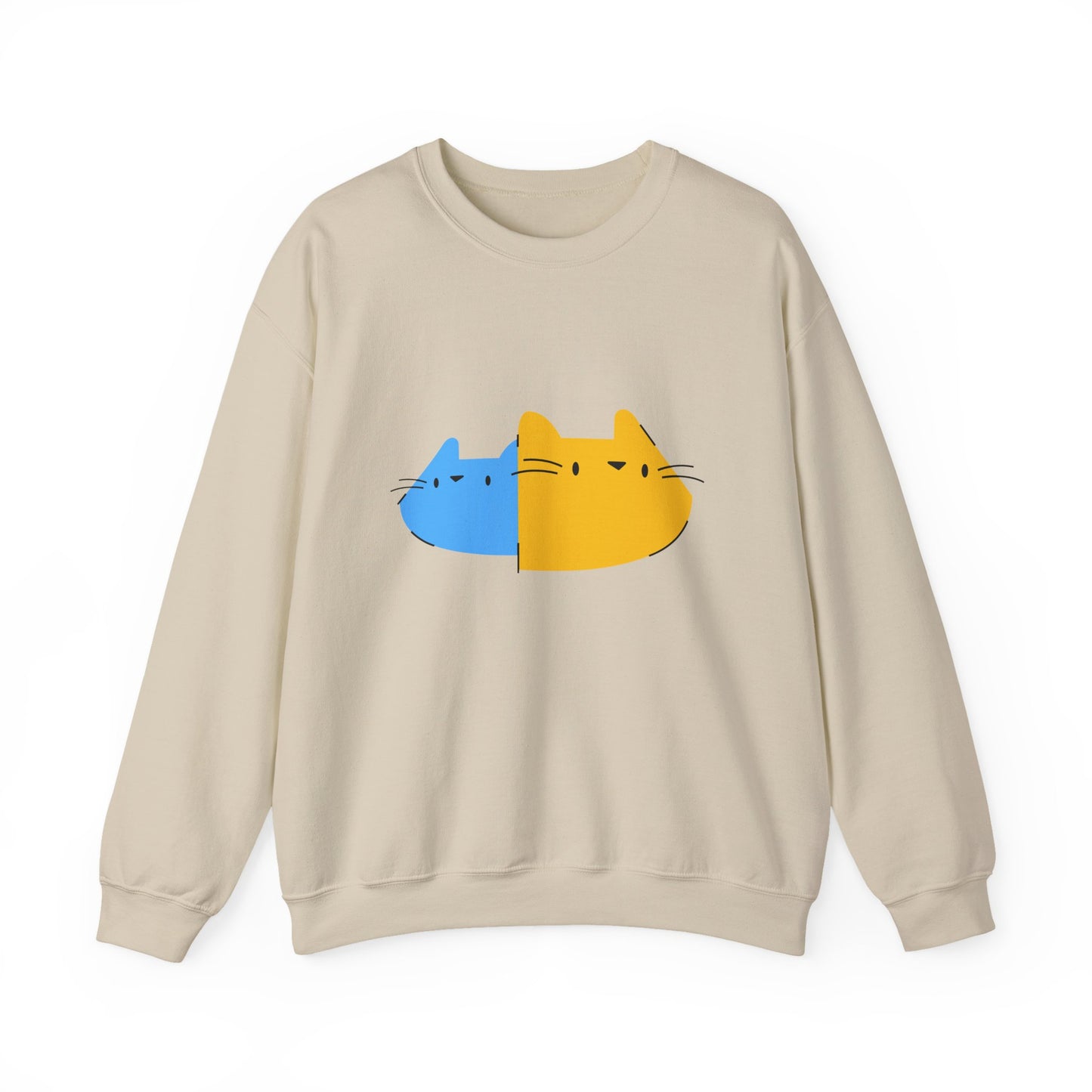 Cat Split Face Crewneck Sweatshirt – Cute Blue & Yellow Cat Graphic Printify