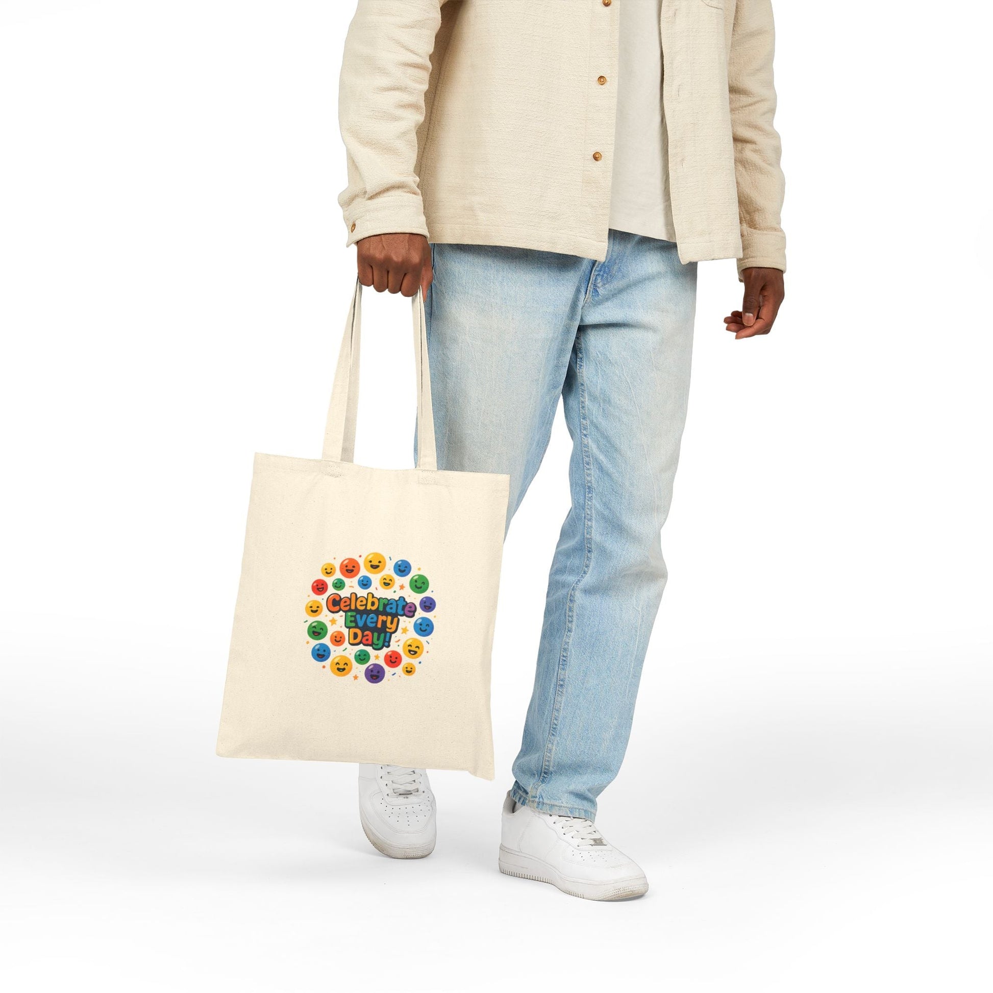 Tote Bag - "Celebrate Every Day" Rainbow Smiley Canvas Tote Printify