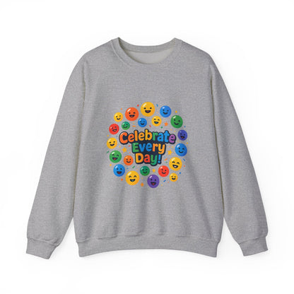 Celebrate Every Day Crewneck Sweatshirt — Rainbow Smiley Graphic Printify