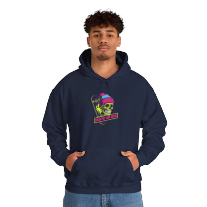 Skate or Die Skull Skateboard Hoodie — Neon Retro Skull Beanie Design Printify