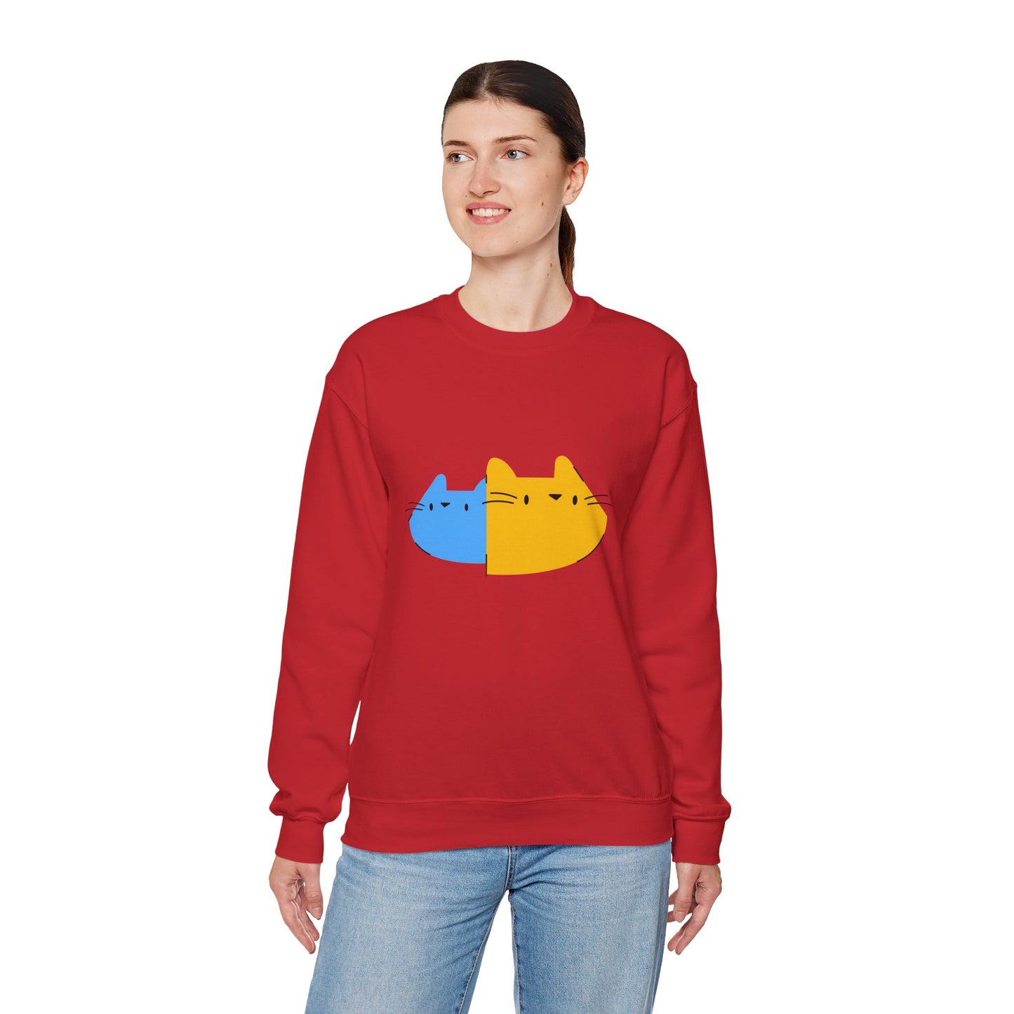 Cat Split Face Crewneck Sweatshirt – Cute Blue & Yellow Cat Graphic Printify
