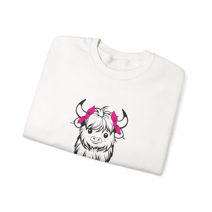 Highland Cow Crewneck Sweatshirt — Cute Yak Illustration with Pink Horns Printify