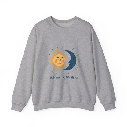 Sun and Moon Crewneck Sweatshirt — "In Harmony We Shine" Cozy Astrology Pullover Printify