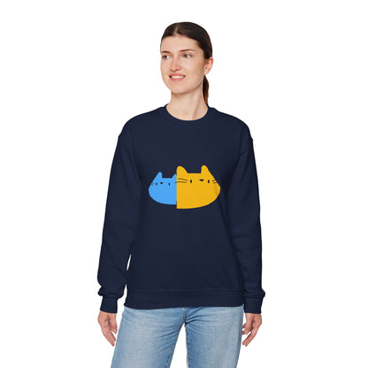 Cat Split Face Crewneck Sweatshirt – Cute Blue & Yellow Cat Graphic Printify