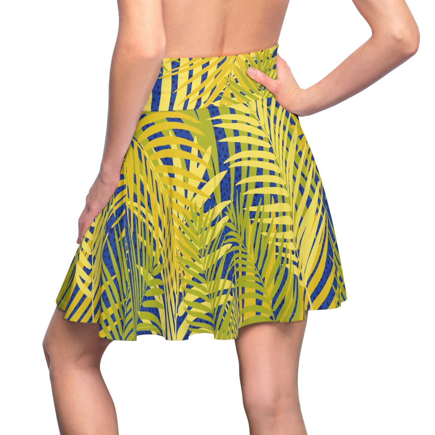 Tropical Palm Print Skater Skirt — Yellow & Navy AOP