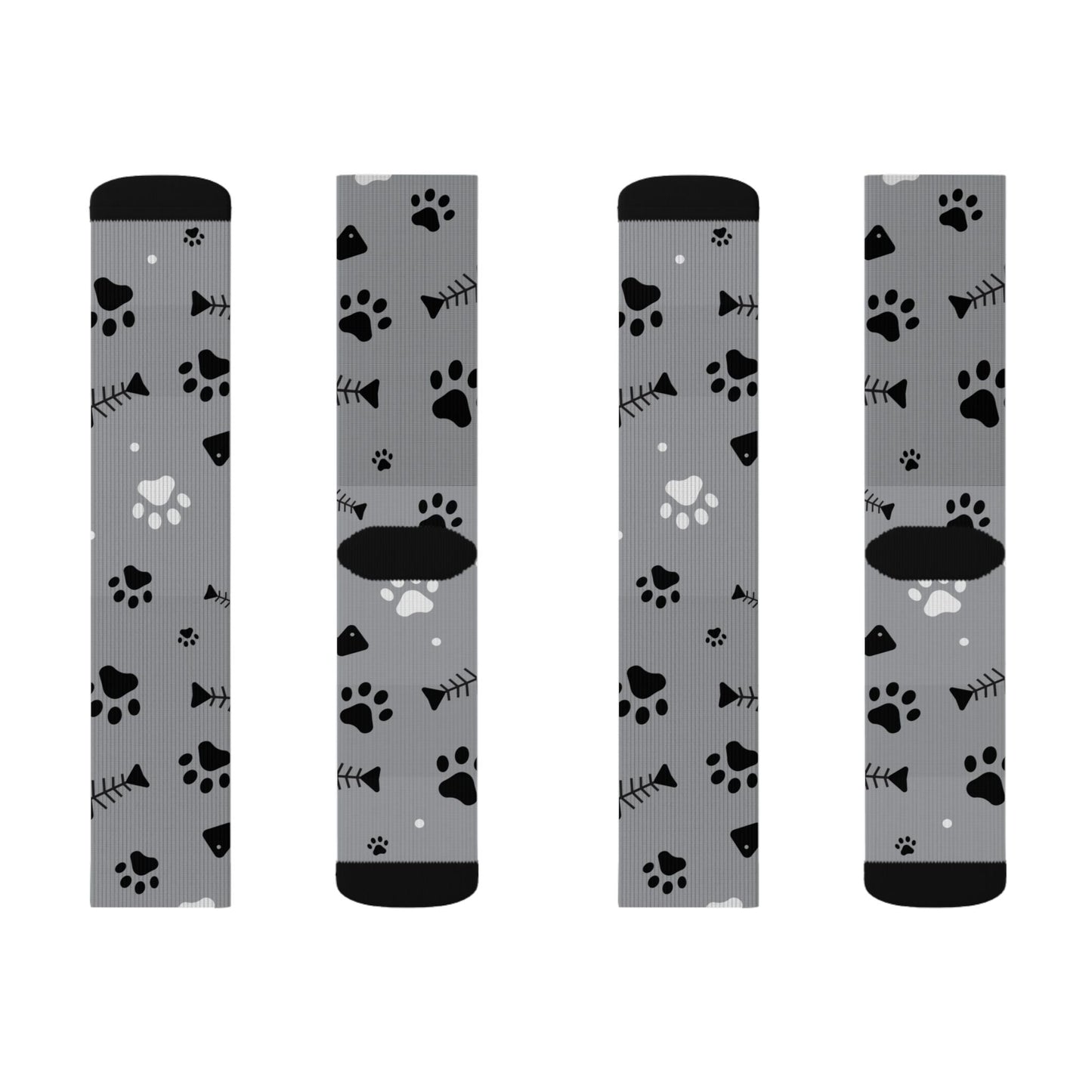 Grey Paw Print Socks — Cat & Dog Fishbone Pattern Sublimation Crew Socks Printify
