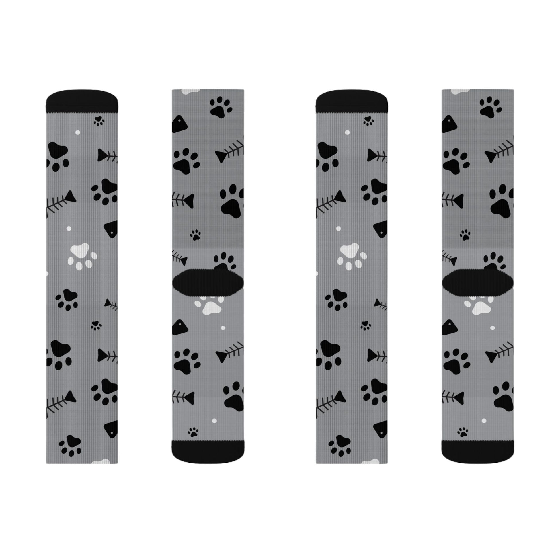 Grey Paw Print Socks — Cat & Dog Fishbone Pattern Sublimation Crew Socks Printify