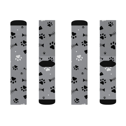 Grey Paw Print Socks — Cat & Dog Fishbone Pattern Sublimation Crew Socks Printify