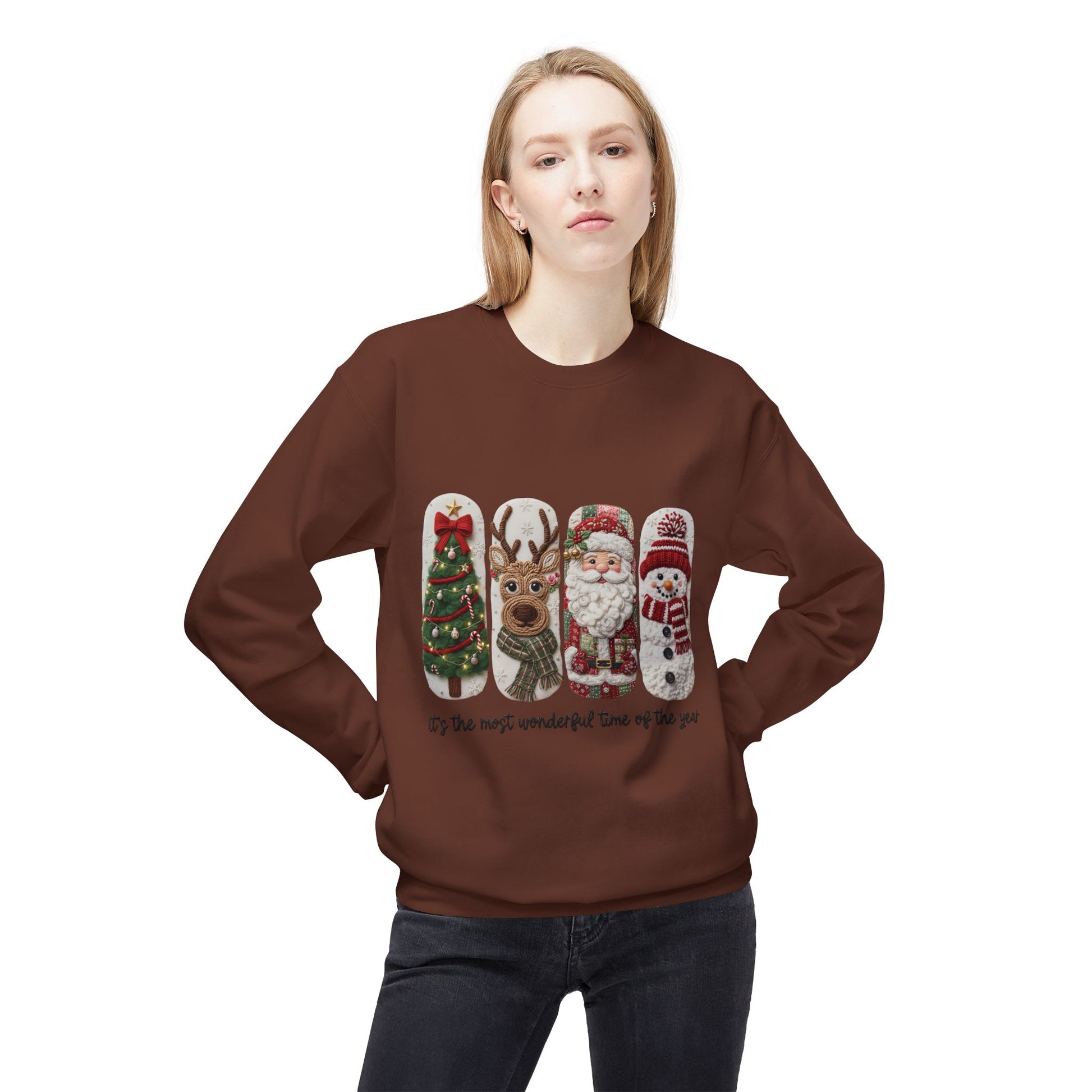 Christmas Crewneck Sweatshirt — Festive Tree Reindeer Santa Snowman Design Printify