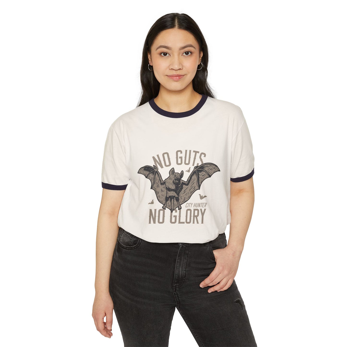 Bat Hunter Ringer Tee — "No Guts No Glory" Vintage Graphic T-Shirt Printify