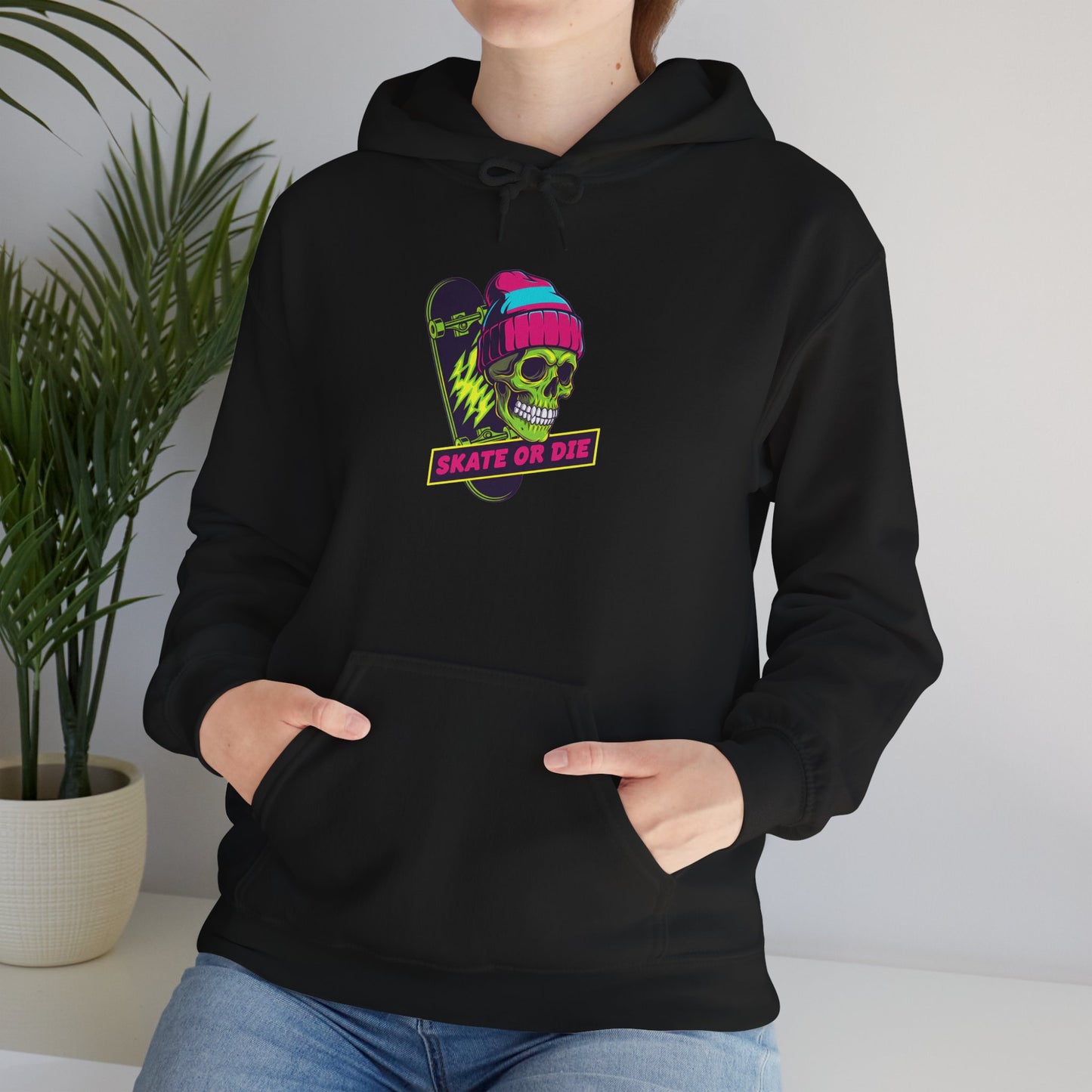 Skate or Die Skull Skateboard Hoodie — Neon Retro Skull Beanie Design Printify