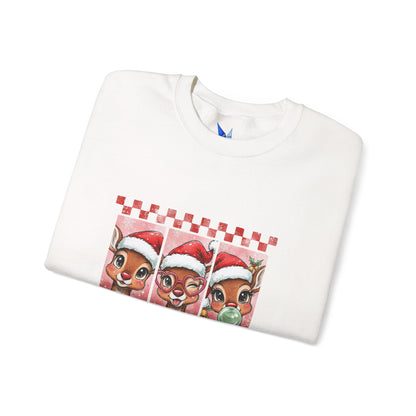 Christmas Reindeer Trio Crewneck Sweatshirt – Cute Santa Hat Holiday Sweater Printify