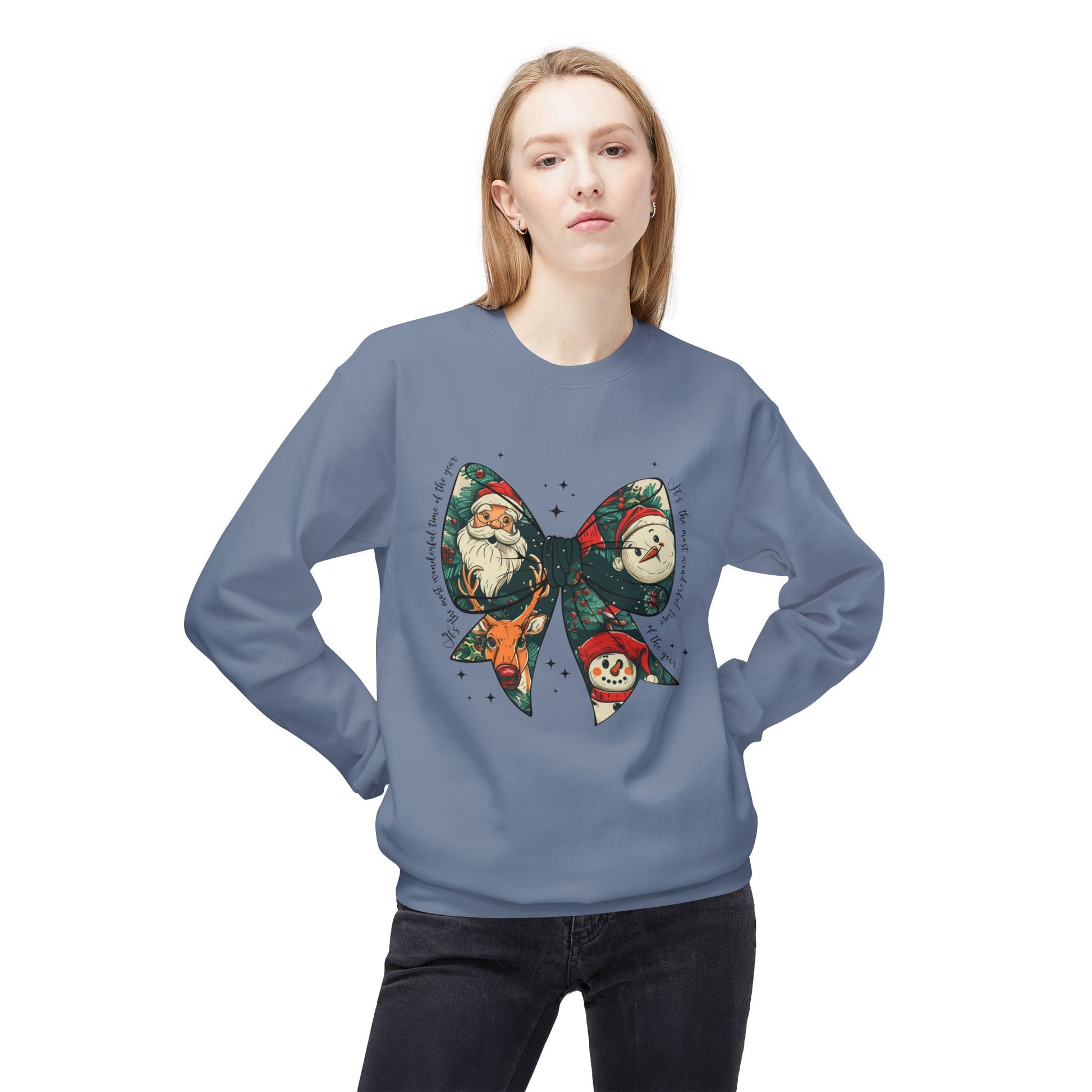 Christmas Bow Sweatshirt — Vintage Santa & Snowman Holiday Crewneck Printify