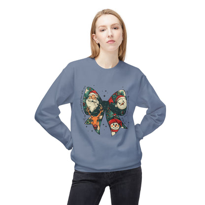Christmas Bow Sweatshirt — Vintage Santa & Snowman Holiday Crewneck Printify
