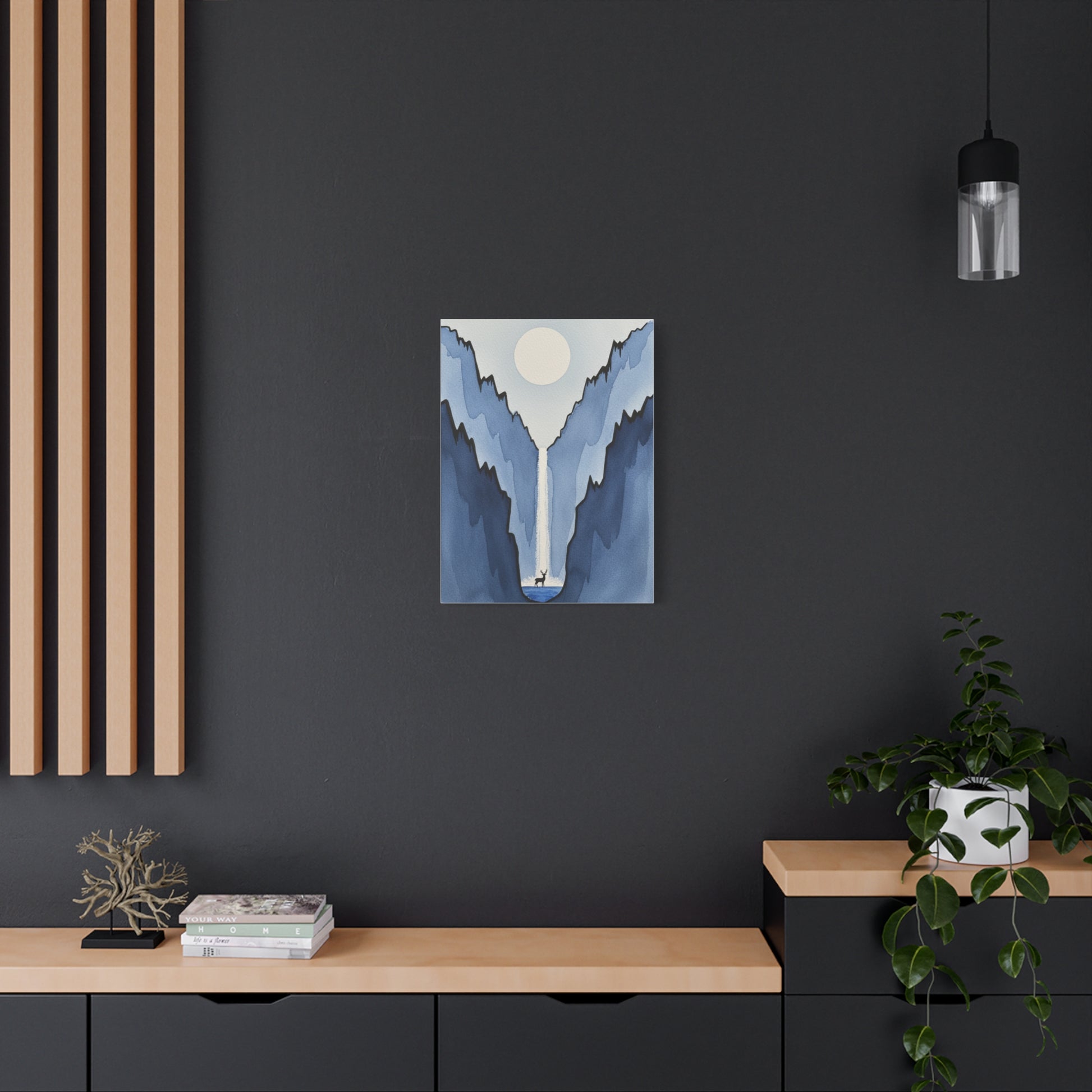 Blue Mountain Waterfall Canvas Print — Minimalist Deer Landscape Wall Art Printify