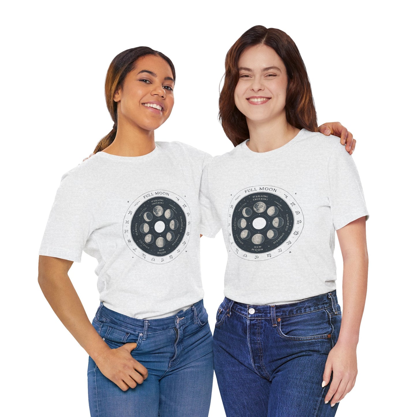 Moon Phases T-Shirt — Illustrated Lunar Cycle Tee (Full Moon, New Moon & Zodiac Icons) Printify