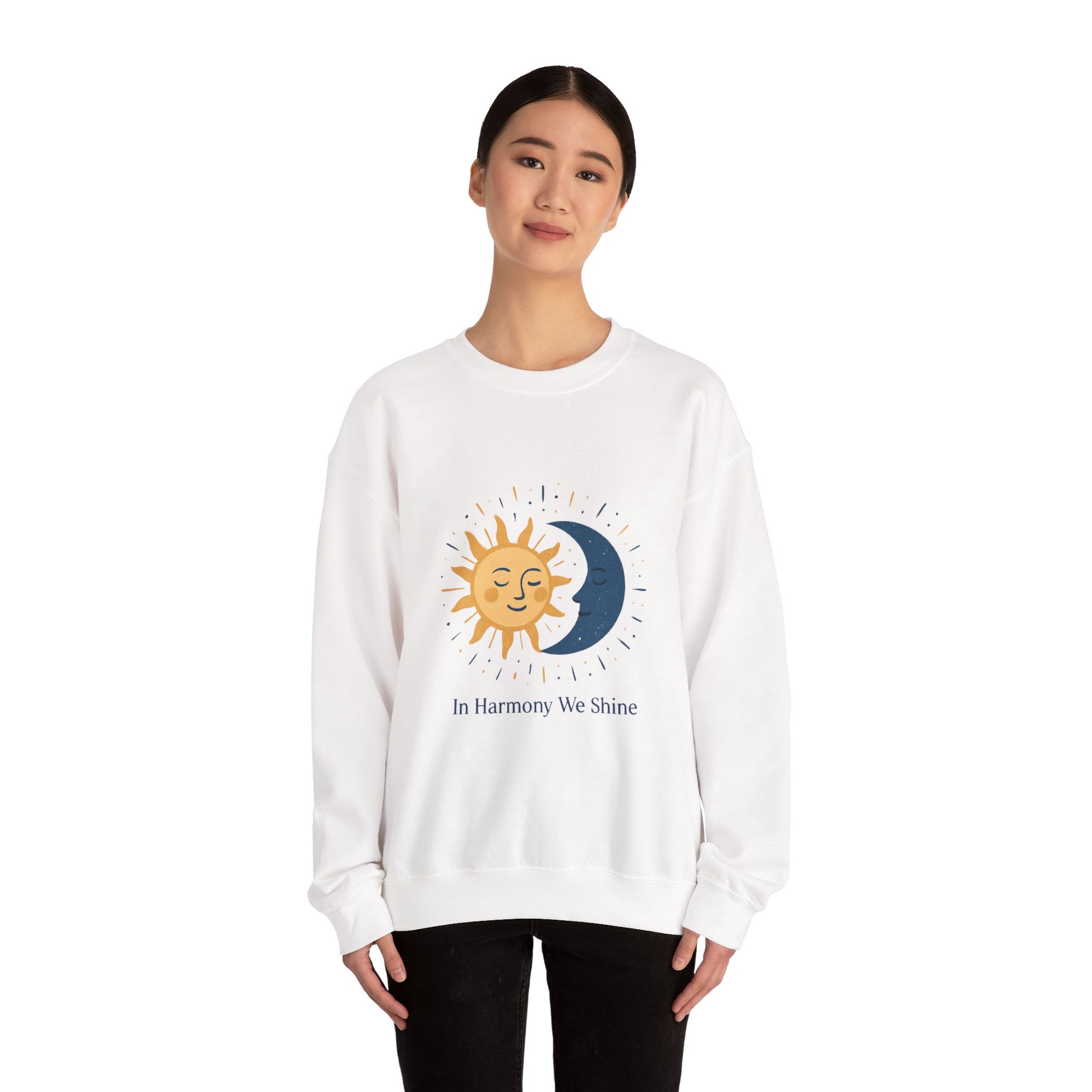 Sun and Moon Crewneck Sweatshirt — "In Harmony We Shine" Cozy Astrology Pullover Printify