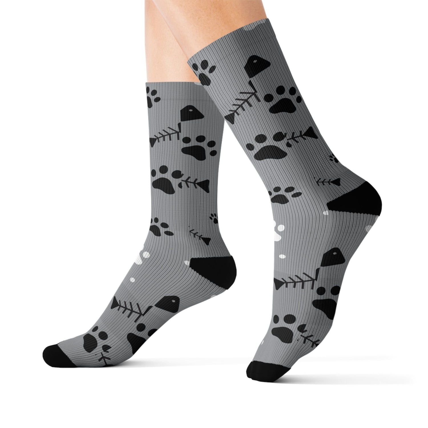 Grey Paw Print Socks — Cat & Dog Fishbone Pattern Sublimation Crew Socks Printify