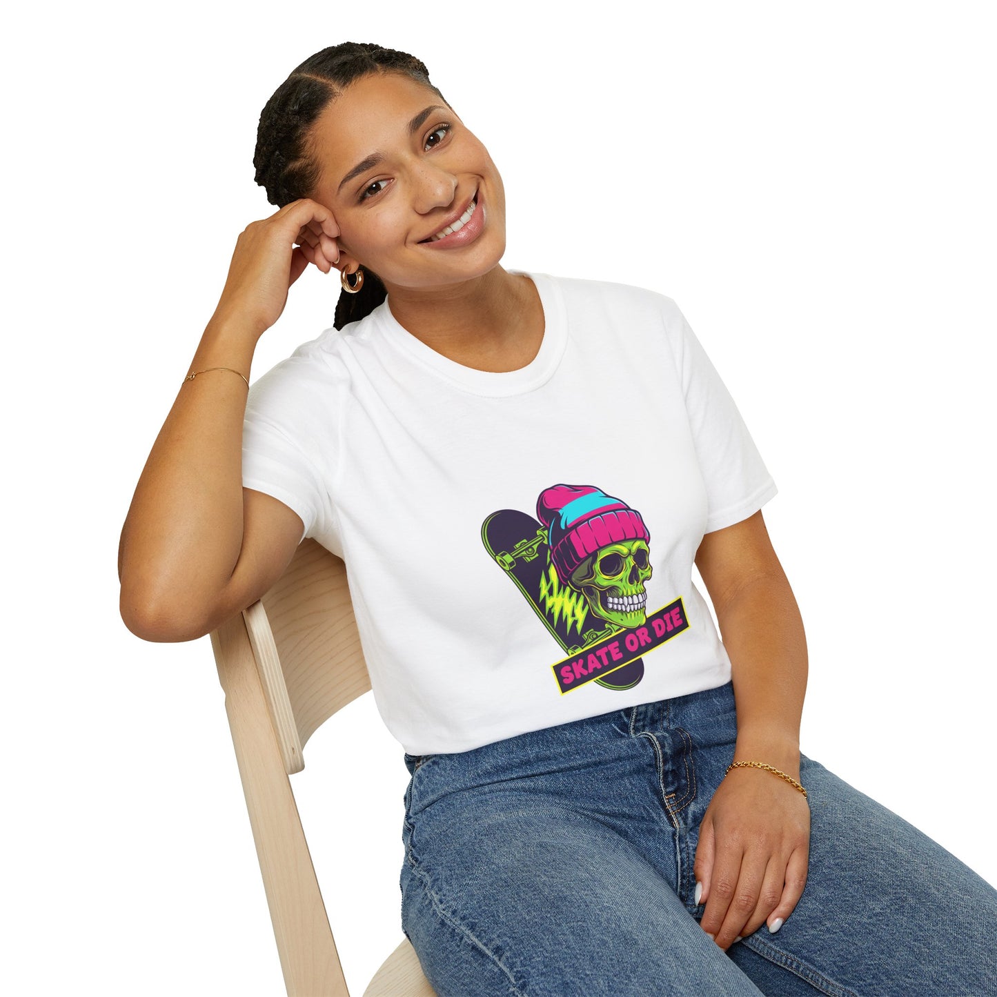 Skate or Die Skull T-Shirt — Neon Skateboard Graphic Tee Printify