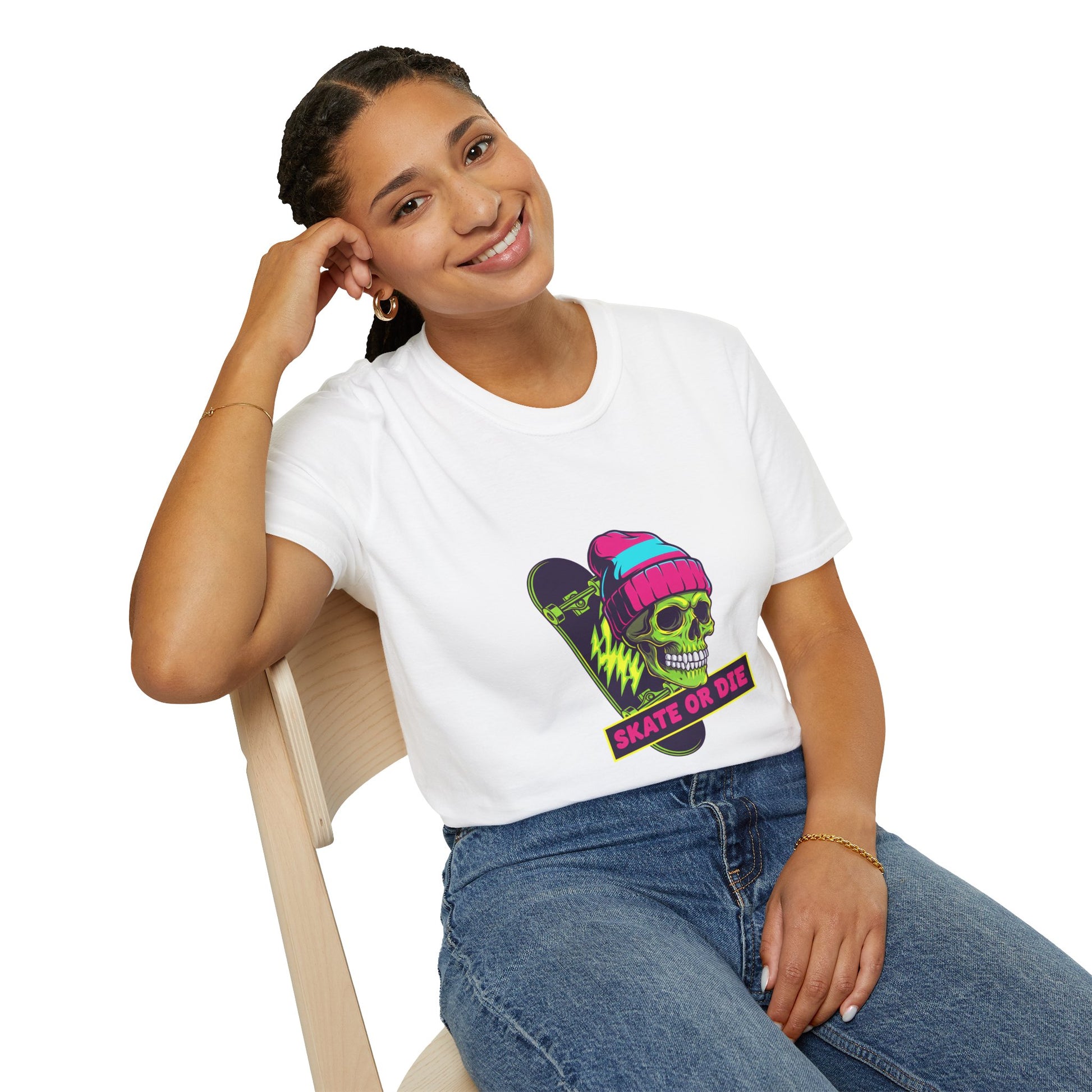 Skate or Die Skull T-Shirt — Neon Skateboard Graphic Tee Printify