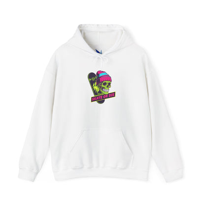 Skate or Die Skull Skateboard Hoodie — Neon Retro Skull Beanie Design Printify