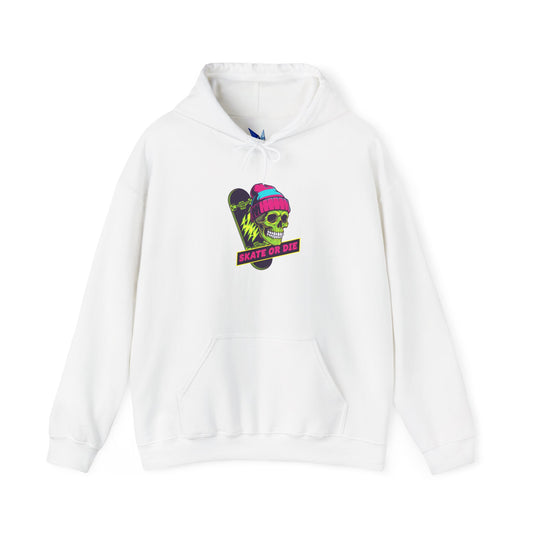 Skate or Die Skull Skateboard Hoodie — Neon Retro Skull Beanie Design Printify